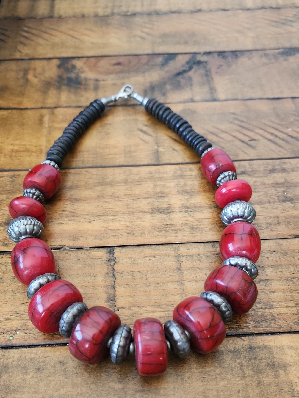 Vintage Red Coral Necklace With Silver Bead Spacers And Black Beads